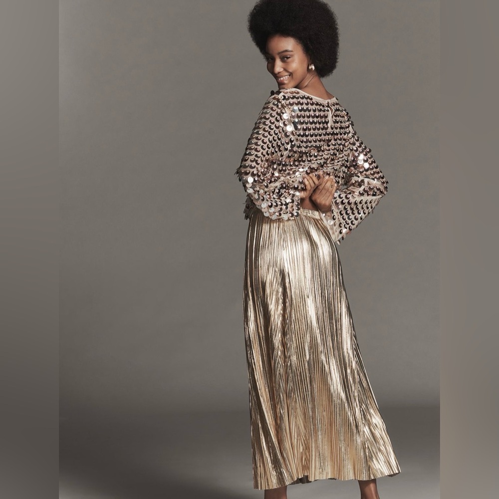 NWT Anthropologie Elegant Gold Pleated Midi Skirt - Picture 2 of 5